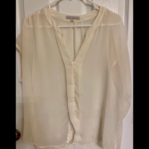 Red Haute Sexy Cream Sheer Blouse Hi Lo Hem and Cap Sleeves Size Large